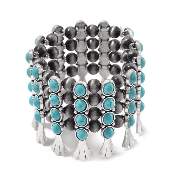 Jewelry - Women's Blue Howlite and Resin Stretch Bracelet in Silvertone